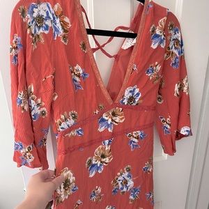 Lost and Wander low cut bell sleeve tunic dress coral blue flowers LIKE NEW